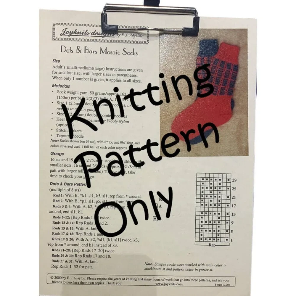 New 2000 Joyknits Designs EJ Slayton Dots & Bars Mosaic Socks Knitting Pattern
